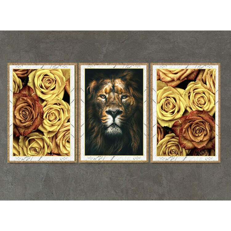 Kit 3 Quadros Decorativos Leo e Flores Amarelas