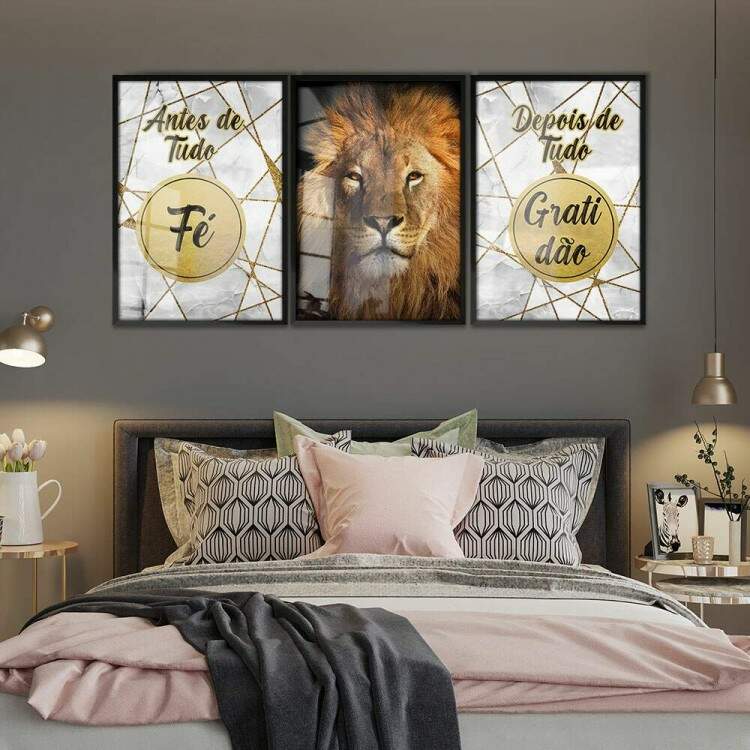 Kit 3 Quadros Decorativos Leo com Frase Religiosa e Fundo Mrmore