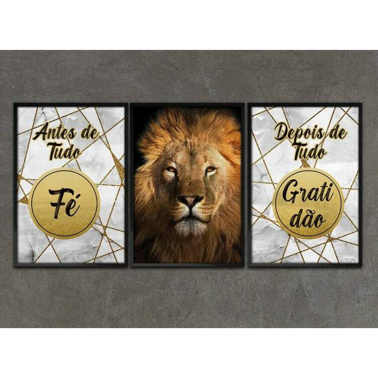 Kit 3 Quadros Decorativos Leo com Frase Religiosa e Fundo Mrmore