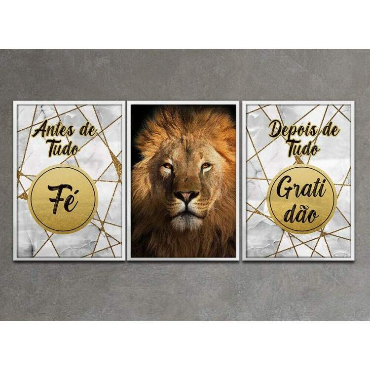 Kit 3 Quadros Decorativos Leo com Frase Religiosa e Fundo Mrmore