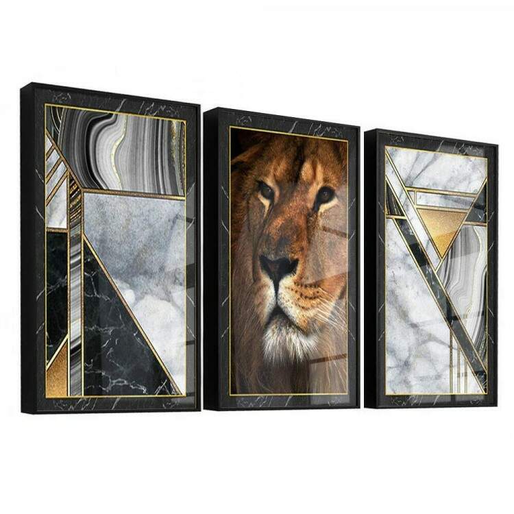 Kit 3 Quadros Decorativos Perfil de Leo com Fundo Mrmore