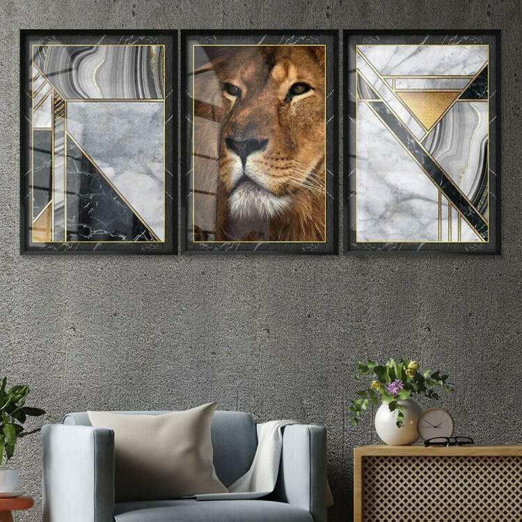 Kit 3 Quadros Decorativos Perfil de Leo com Fundo Mrmore