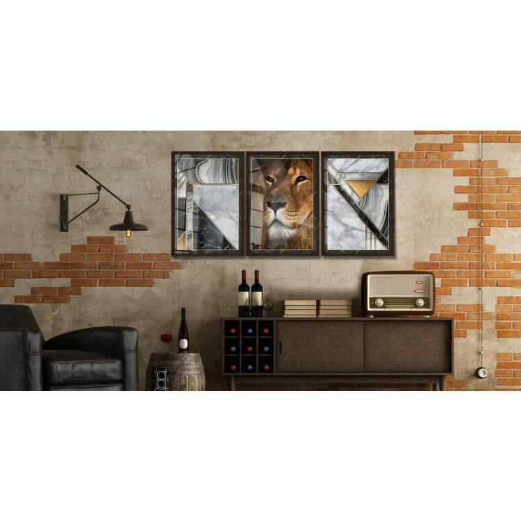 Kit 3 Quadros Decorativos Perfil de Leo com Fundo Mrmore