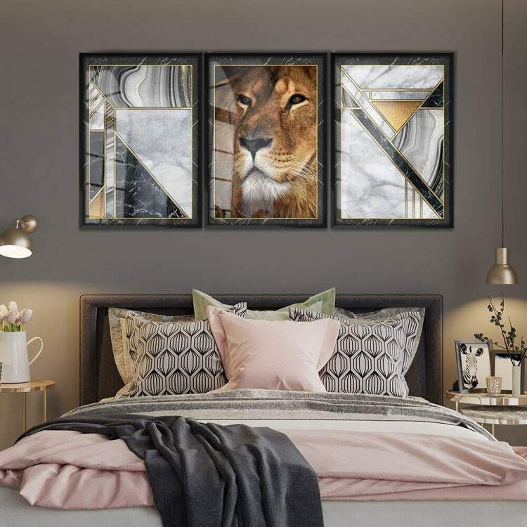 Kit 3 Quadros Decorativos Perfil de Leo com Fundo Mrmore