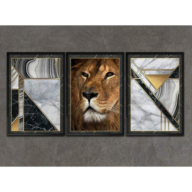 Kit 3 Quadros Decorativos Perfil de Leo com Fundo Mrmore