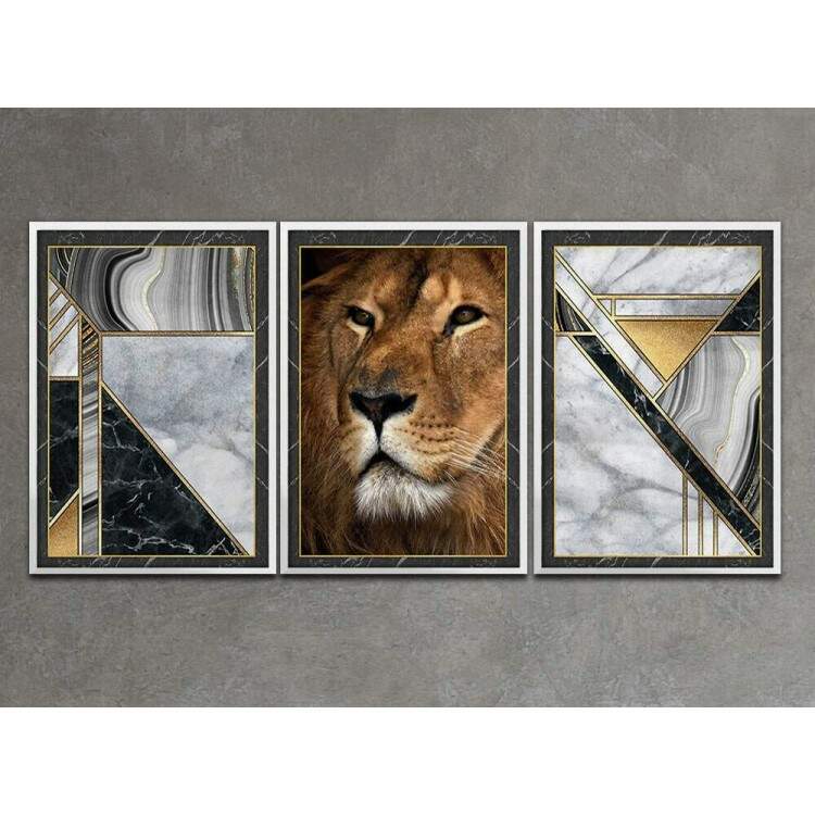 Kit 3 Quadros Decorativos Perfil de Leo com Fundo Mrmore