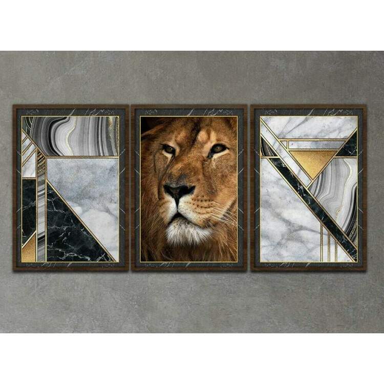 Kit 3 Quadros Decorativos Perfil de Leo com Fundo Mrmore