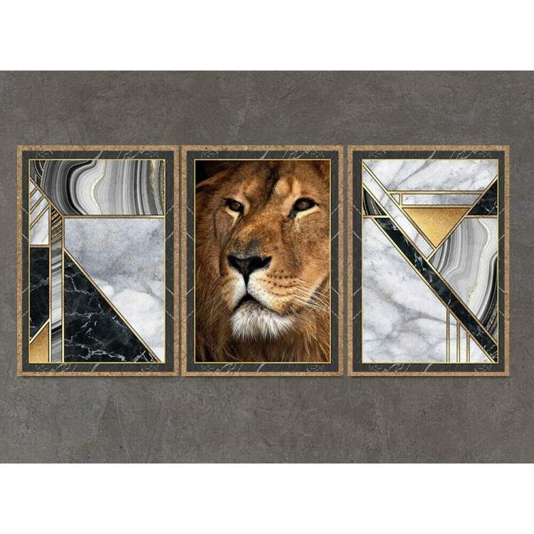 Kit 3 Quadros Decorativos Perfil de Leo com Fundo Mrmore