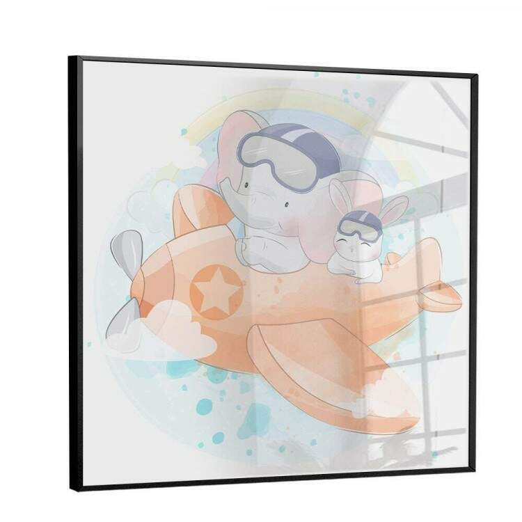 Quadro Decorativo Infantil Elefante e Coelho em Aviozinho Laranja