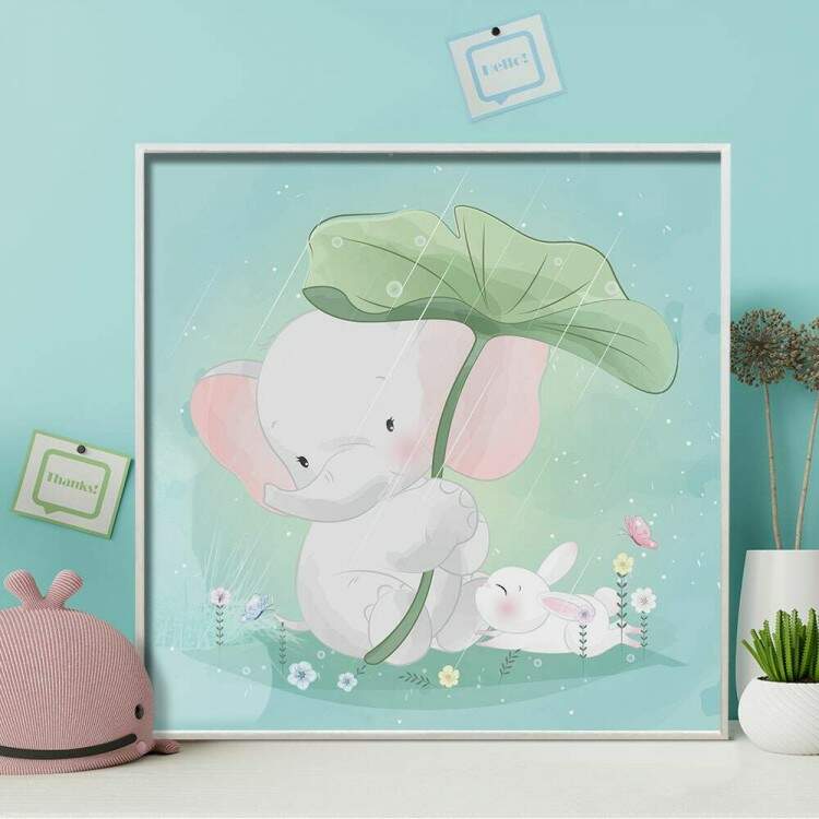 Quadro Decorativo Infantil Elefante com Folha de Guarda Chuva