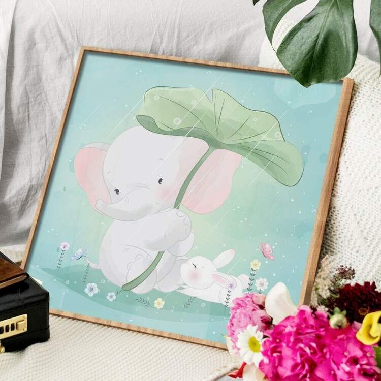 Quadro Decorativo Infantil Elefante com Folha de Guarda Chuva