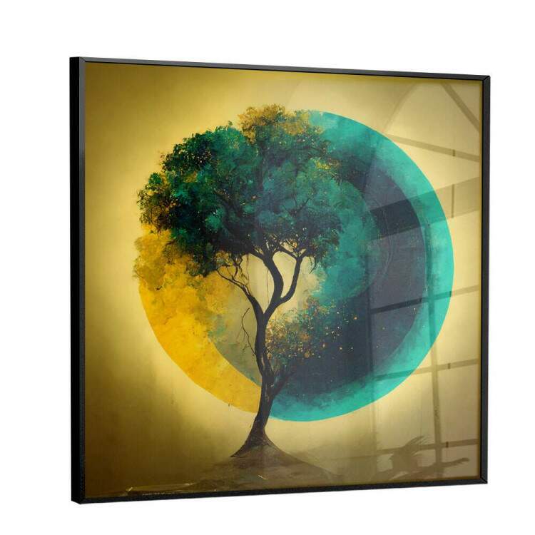 Quadro Decorativo Abstrato rvore Fundo Verde e Amarelo