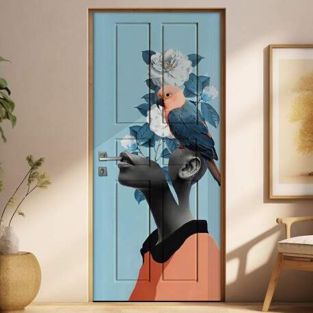Adesivo Para Porta Abstrato Mulher E Arara