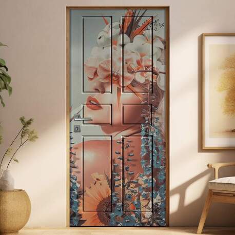Adesivo Para Porta Abstrato Mulher Com Flores