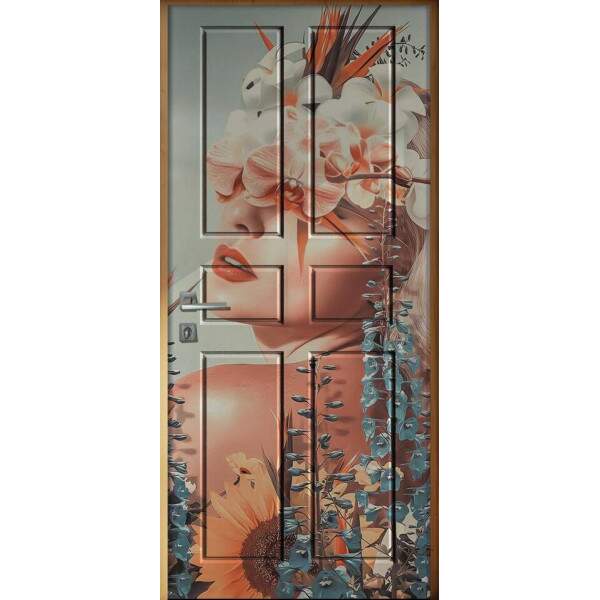 Adesivo Para Porta Abstrato Mulher Com Flores