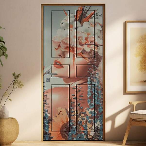 Adesivo Para Porta Abstrato Mulher Com Flores