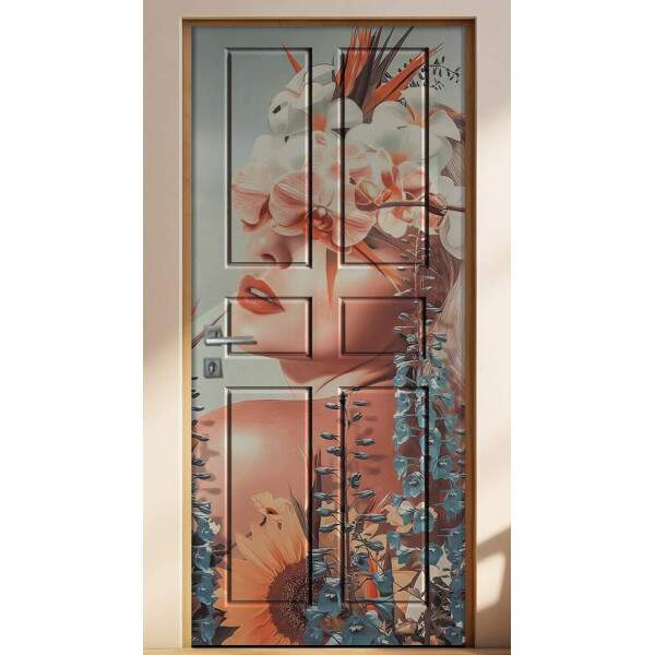 Adesivo Para Porta Abstrato Mulher Com Flores