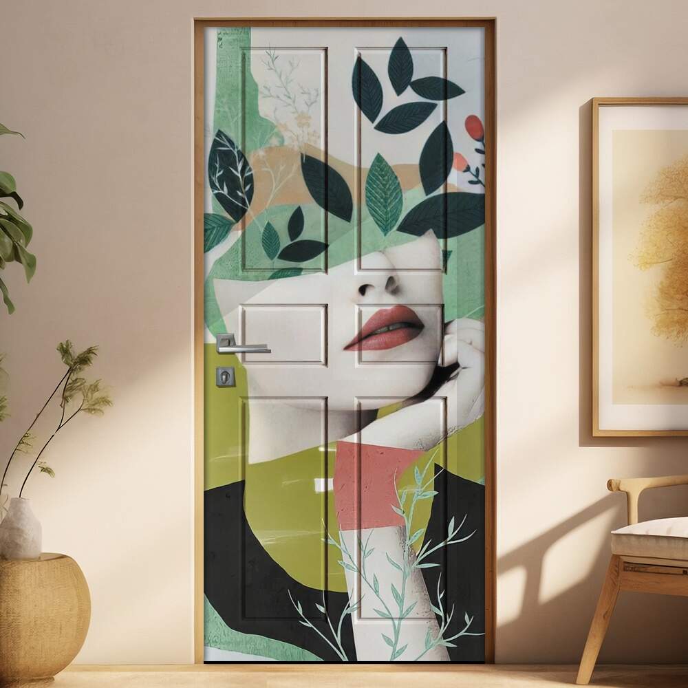 Adesivo Para Porta Abstrato Mulher Com Folhas Minimalistas