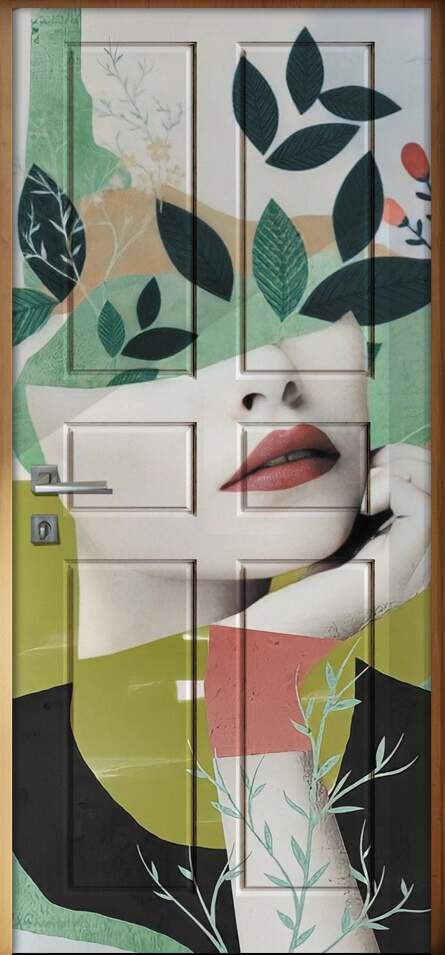 Adesivo Para Porta Abstrato Mulher Com Folhas Minimalistas