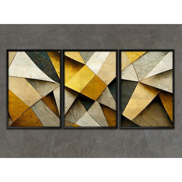 Kit 3 Quadros Decorativos Abstrato Tons de Amarelo