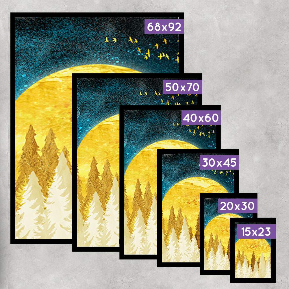 Kit 3 Quadros Decorativos Pinheiros e Lua Dourada