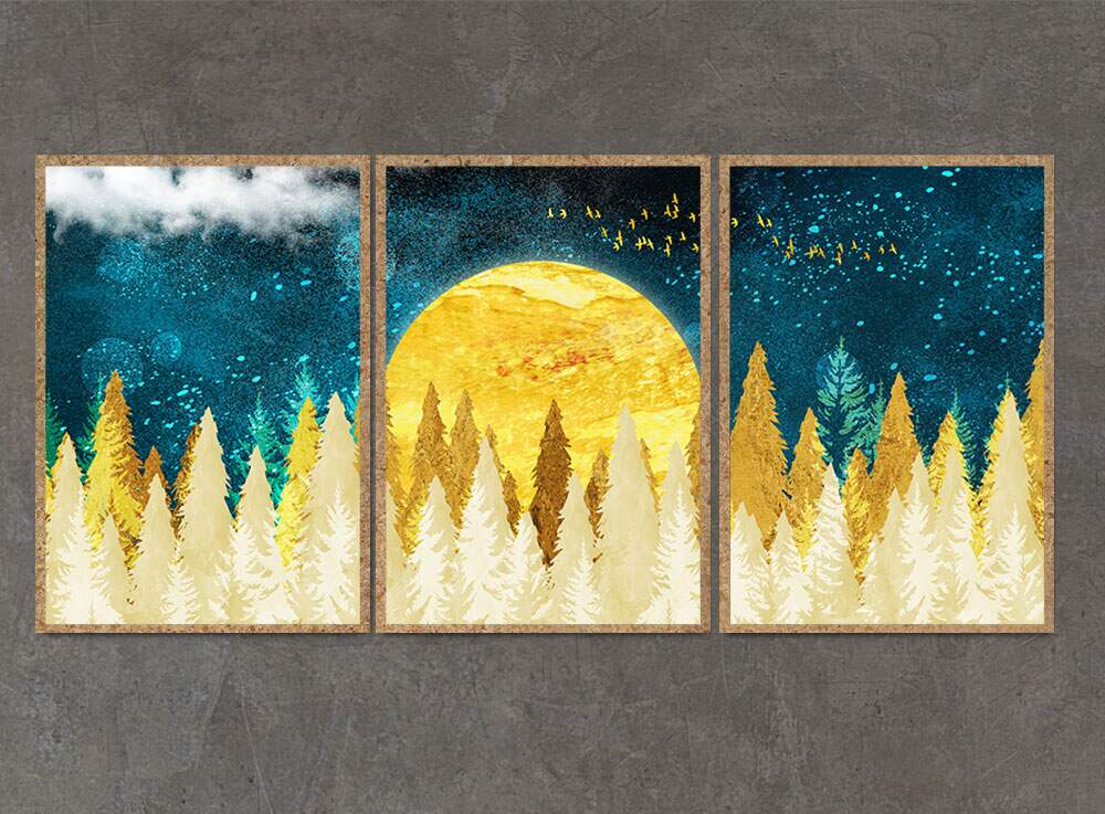 Kit 3 Quadros Decorativos Pinheiros e Lua Dourada