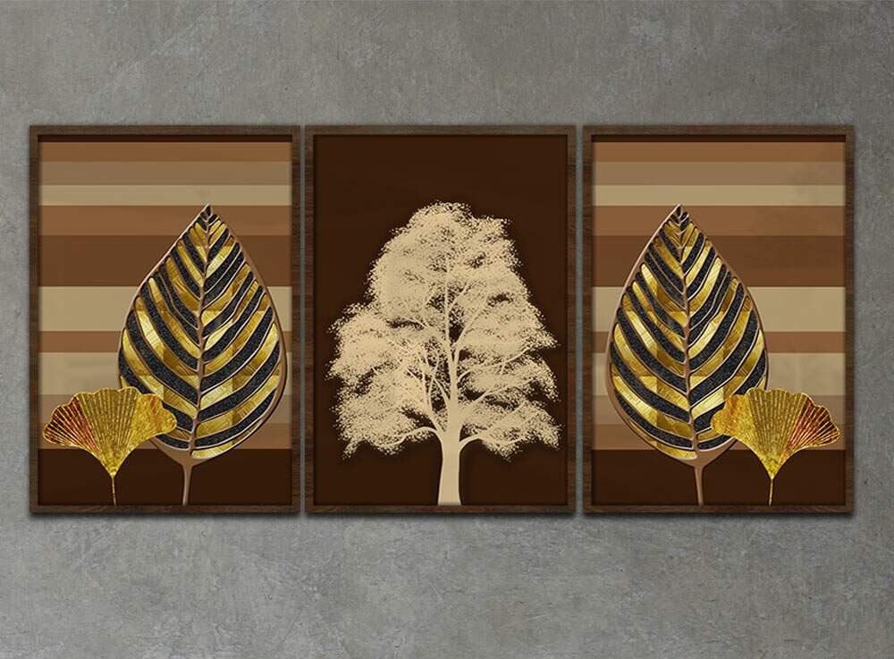 Kit 3 Quadros Decorativos �rvores e Folhas Tons de Marrom e Dourado