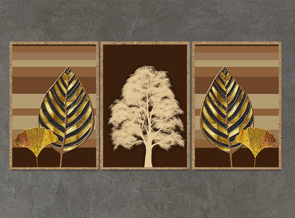 Kit 3 Quadros Decorativos �rvores e Folhas Tons de Marrom e Dourado