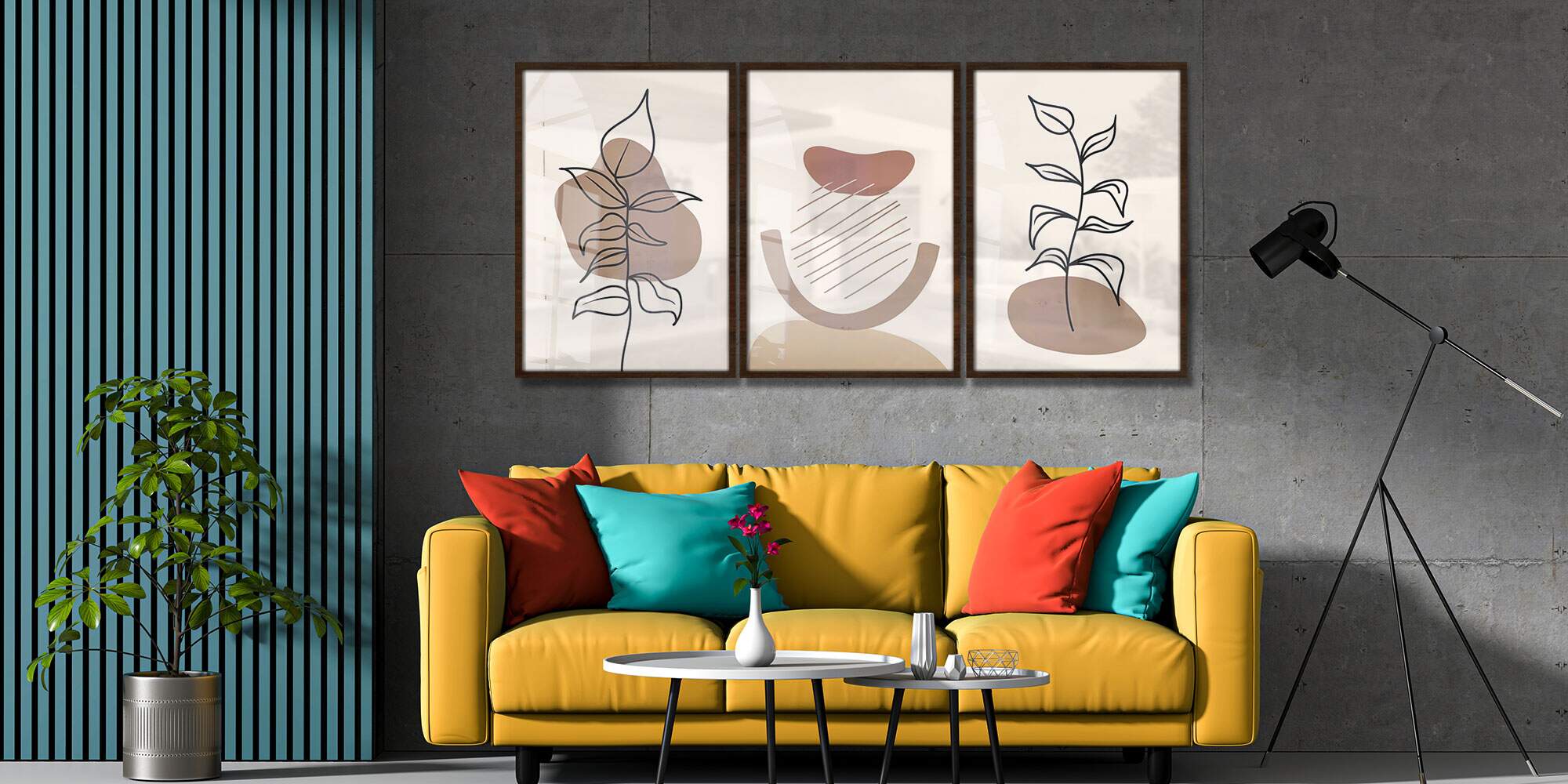 Kit 3 Quadros Decorativos Floral Minimalista Tons de Marrom e Branco