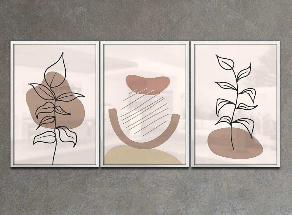 Kit 3 Quadros Decorativos Floral Minimalista Tons de Marrom e Branco
