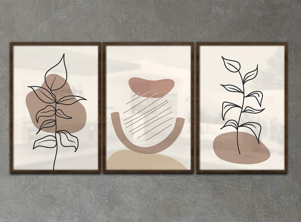 Kit 3 Quadros Decorativos Floral Minimalista Tons de Marrom e Branco