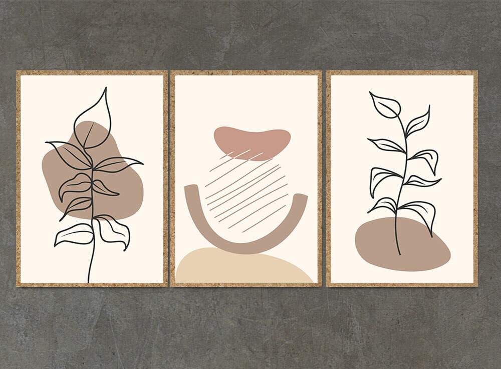 Kit 3 Quadros Decorativos Floral Minimalista Tons de Marrom e Branco