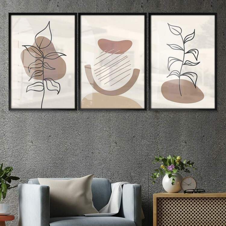 Kit 3 Quadros Decorativos Floral Minimalista Tons de Marrom e Branco