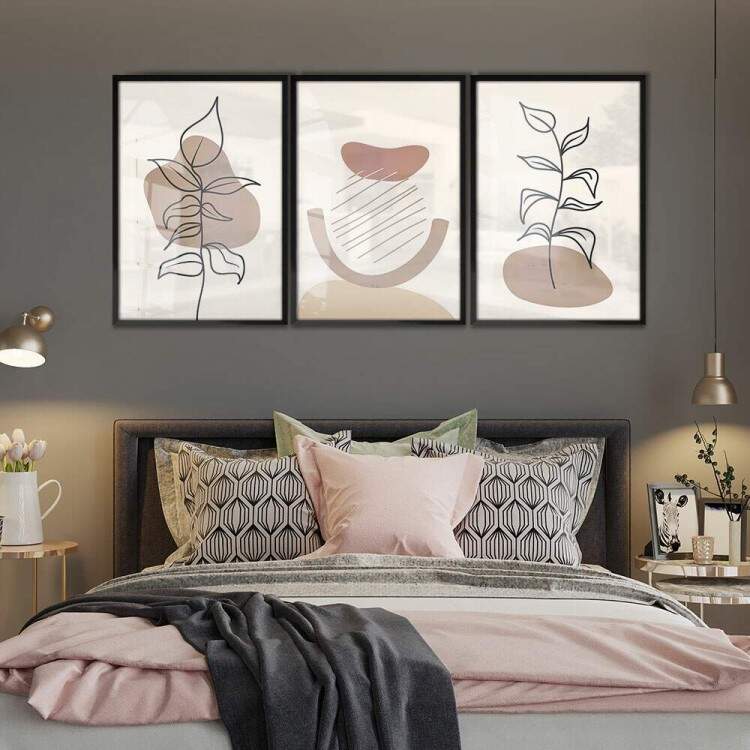 Kit 3 Quadros Decorativos Floral Minimalista Tons de Marrom e Branco