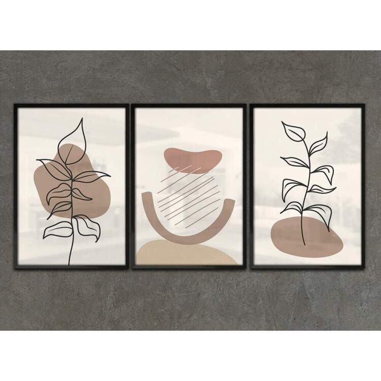 Kit 3 Quadros Decorativos Floral Minimalista Tons de Marrom e Branco