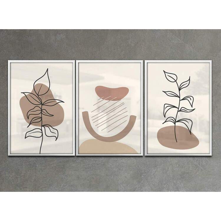 Kit 3 Quadros Decorativos Floral Minimalista Tons de Marrom e Branco