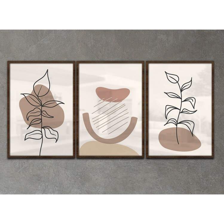 Kit 3 Quadros Decorativos Floral Minimalista Tons de Marrom e Branco