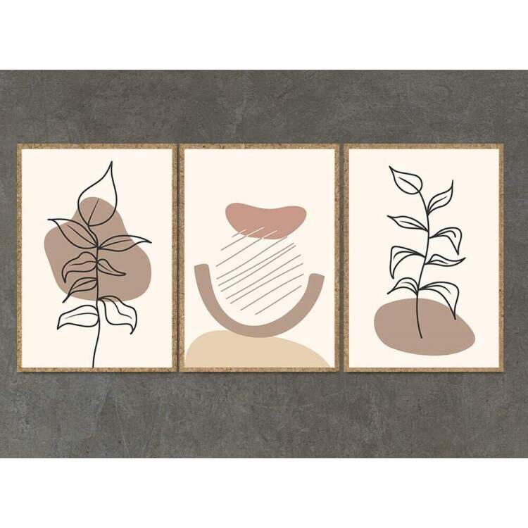 Kit 3 Quadros Decorativos Floral Minimalista Tons de Marrom e Branco