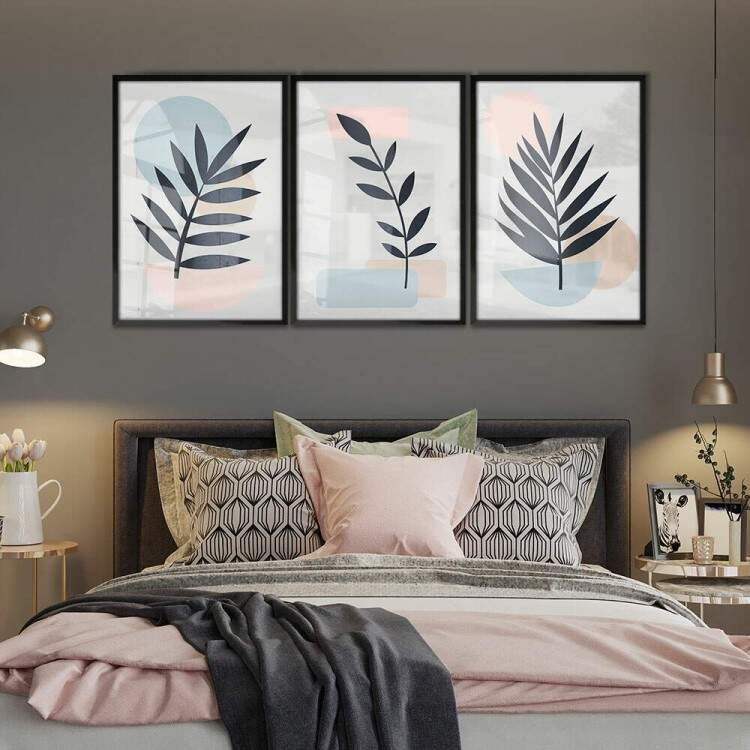 Kit 3 Quadros Decorativos Minimalista Folhas Fundo Branco