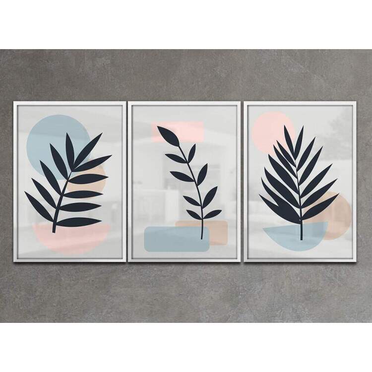 Kit 3 Quadros Decorativos Minimalista Folhas Fundo Branco