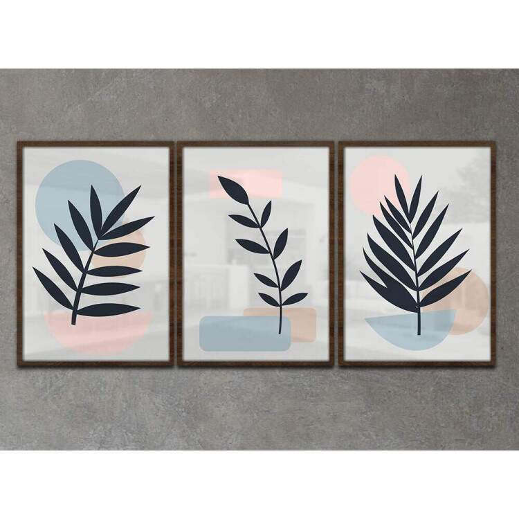 Kit 3 Quadros Decorativos Minimalista Folhas Fundo Branco