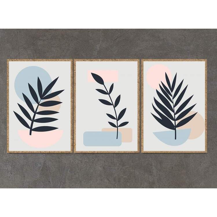 Kit 3 Quadros Decorativos Minimalista Folhas Fundo Branco