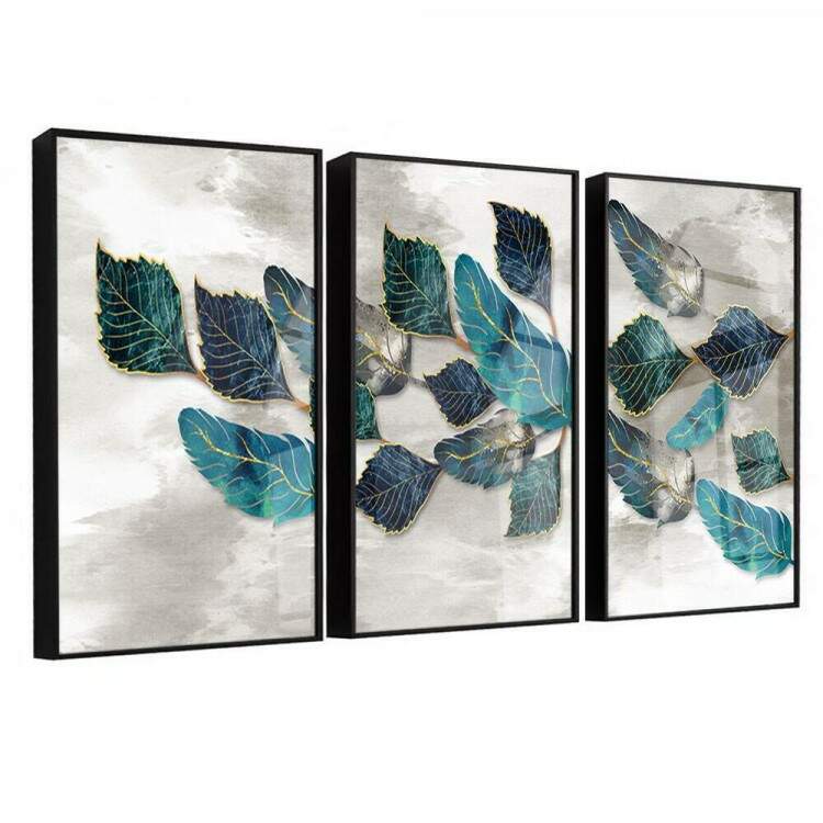 Kit 3 Quadros Decorativos Folhas Azuis Fundo Branco