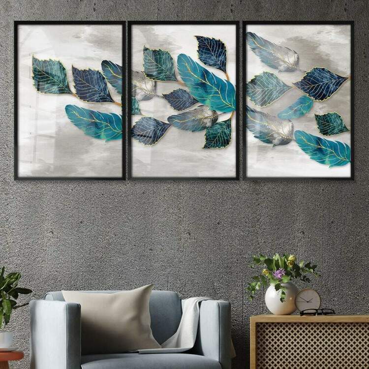 Kit 3 Quadros Decorativos Folhas Azuis Fundo Branco