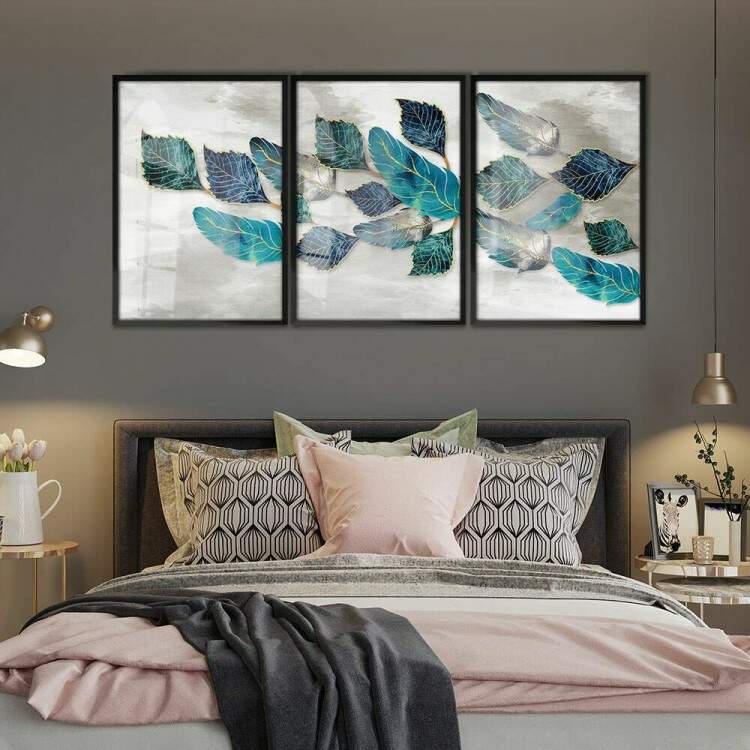 Kit 3 Quadros Decorativos Folhas Azuis Fundo Branco