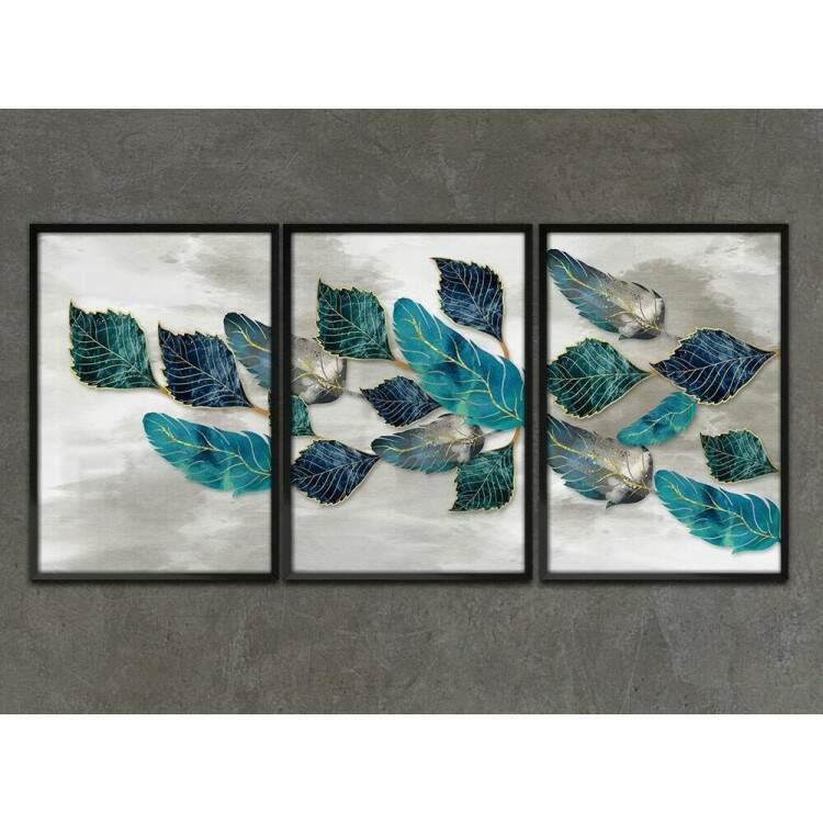 Kit 3 Quadros Decorativos Folhas Azuis Fundo Branco