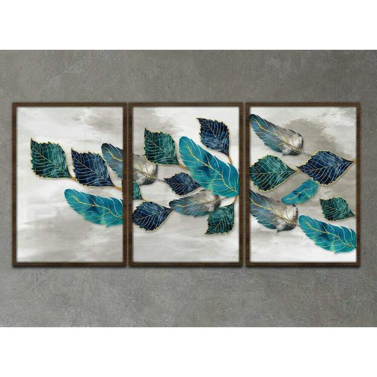 Kit 3 Quadros Decorativos Folhas Azuis Fundo Branco