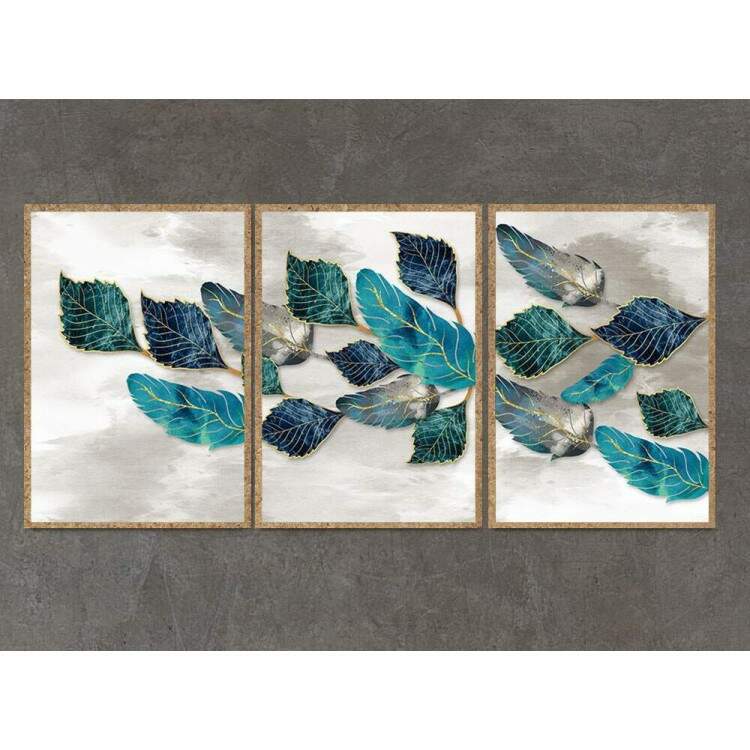 Kit 3 Quadros Decorativos Folhas Azuis Fundo Branco