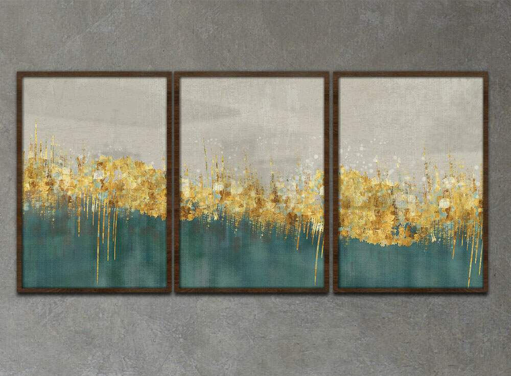 Kit 3 Quadros Decorativos Abstrato M�rmore Verde, Ouro e Bege