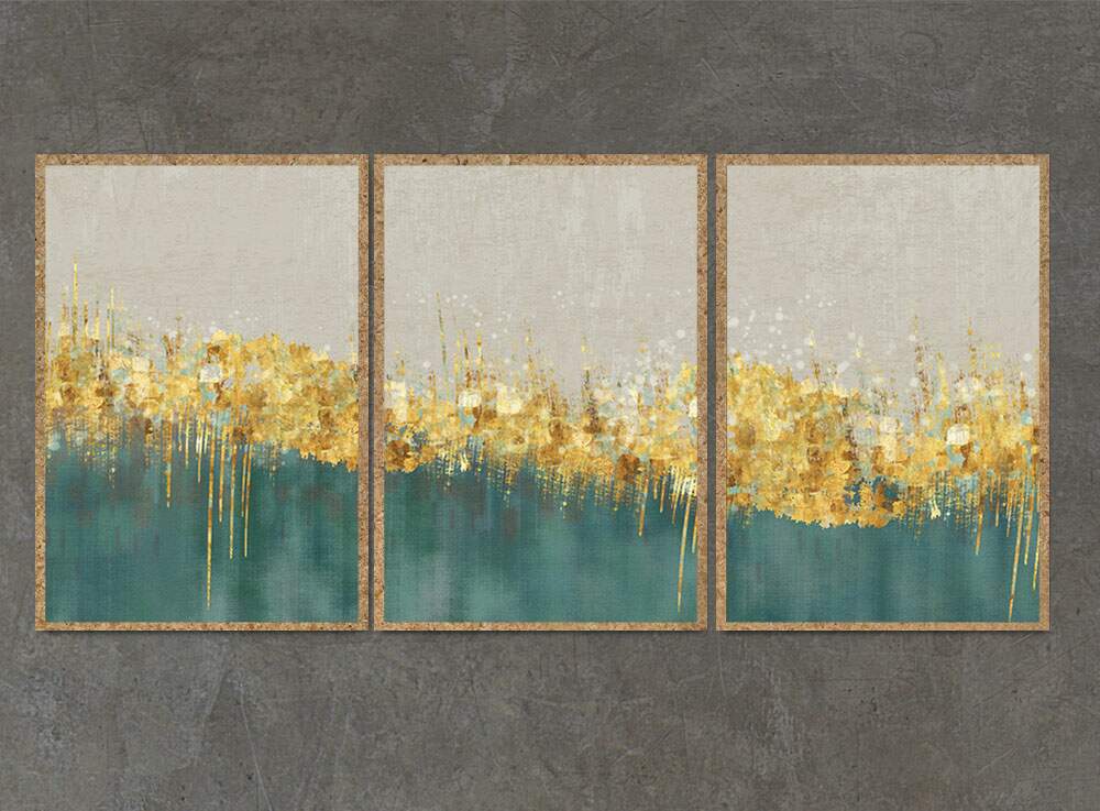 Kit 3 Quadros Decorativos Abstrato M�rmore Verde, Ouro e Bege